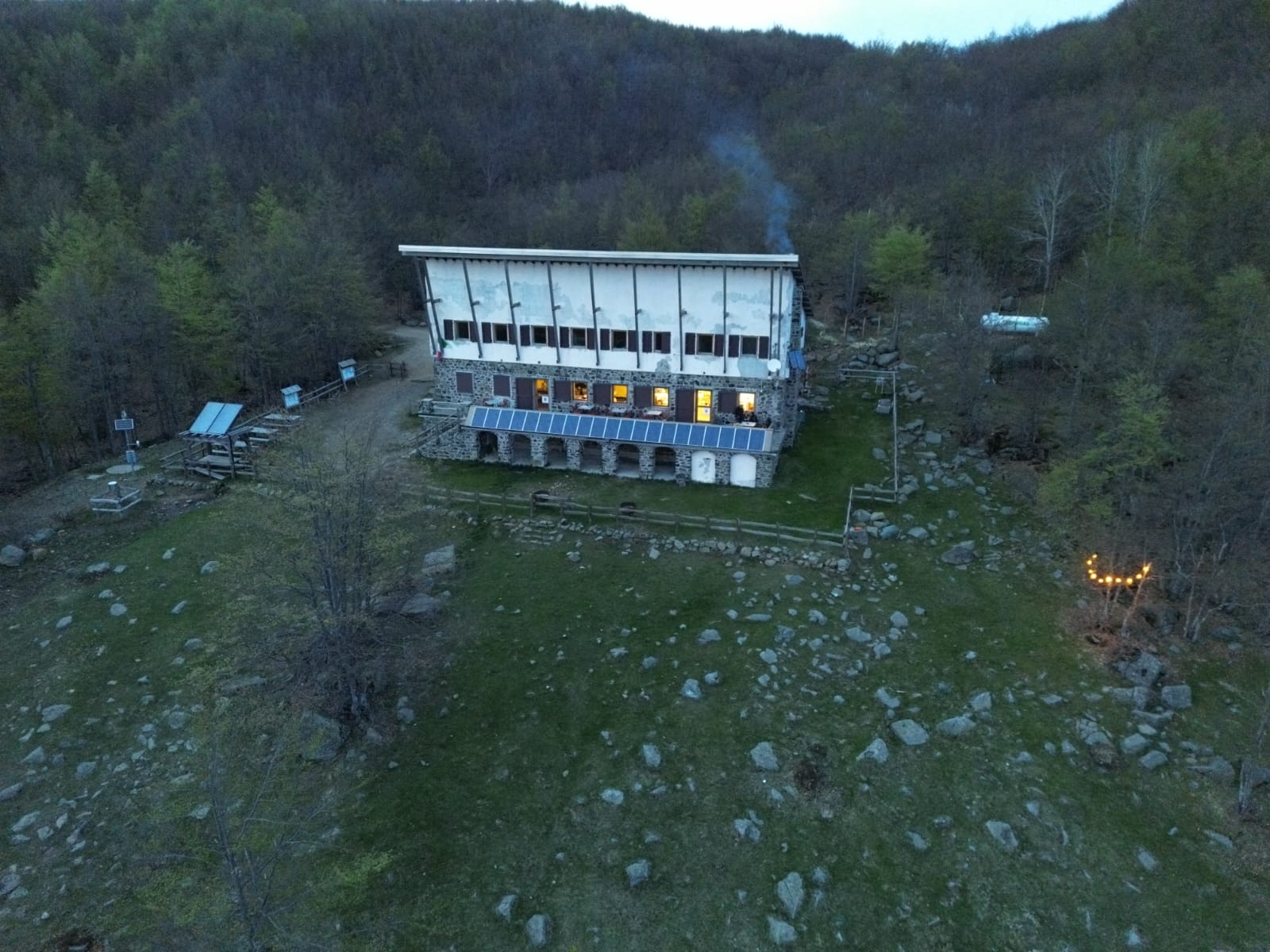 Drone shot of the rifugio at dusk